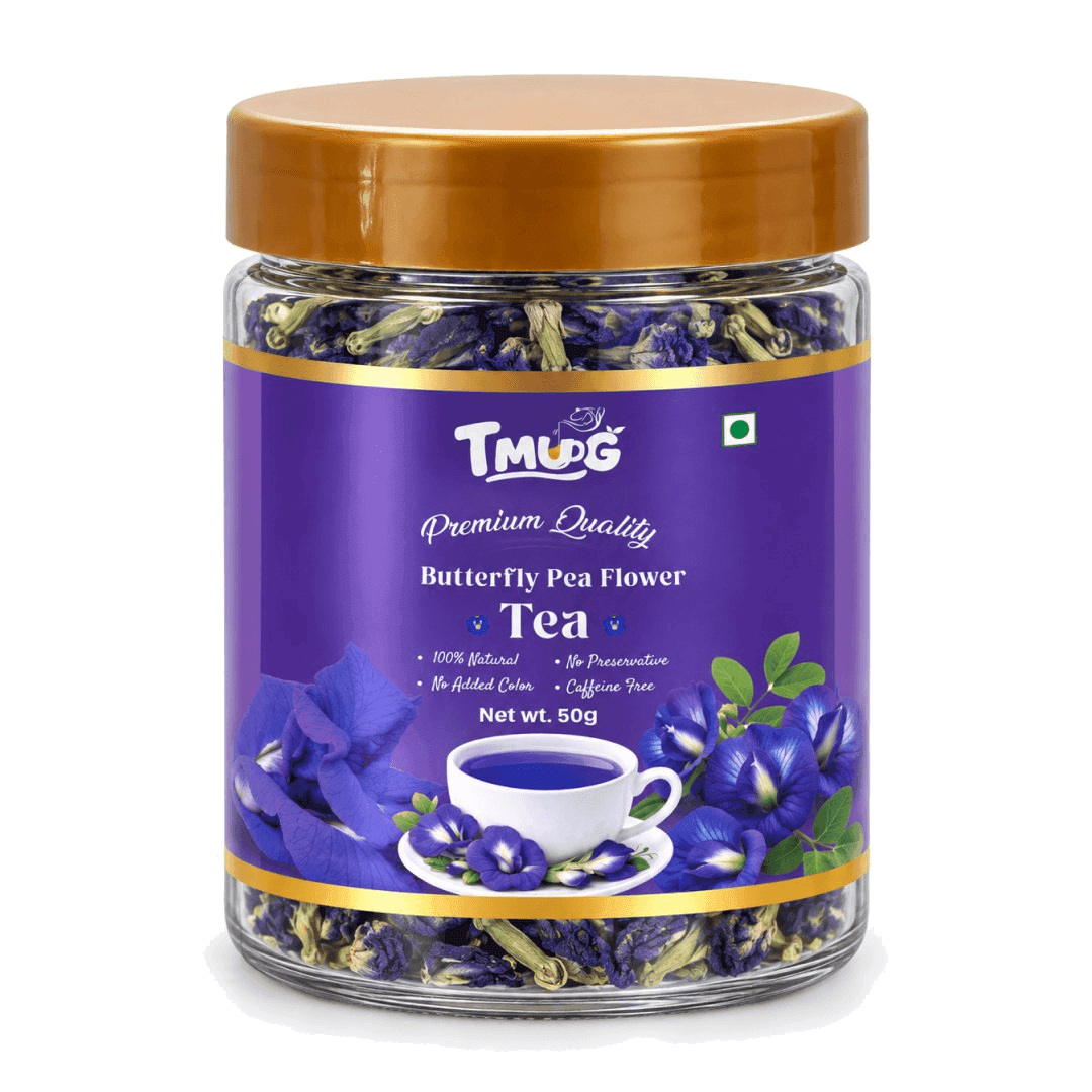 TMUG butterfly pea flower tea 50g jar with dried blue flowers
