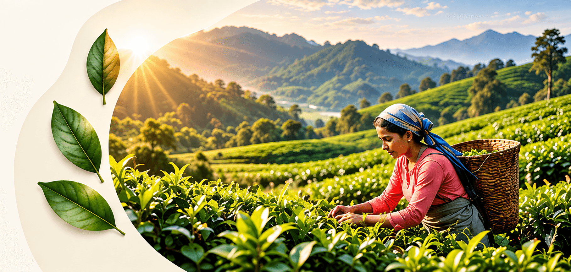 A tea picker harvesting leaves in a sunlit tea garden, framed by a soft curve with green leaves